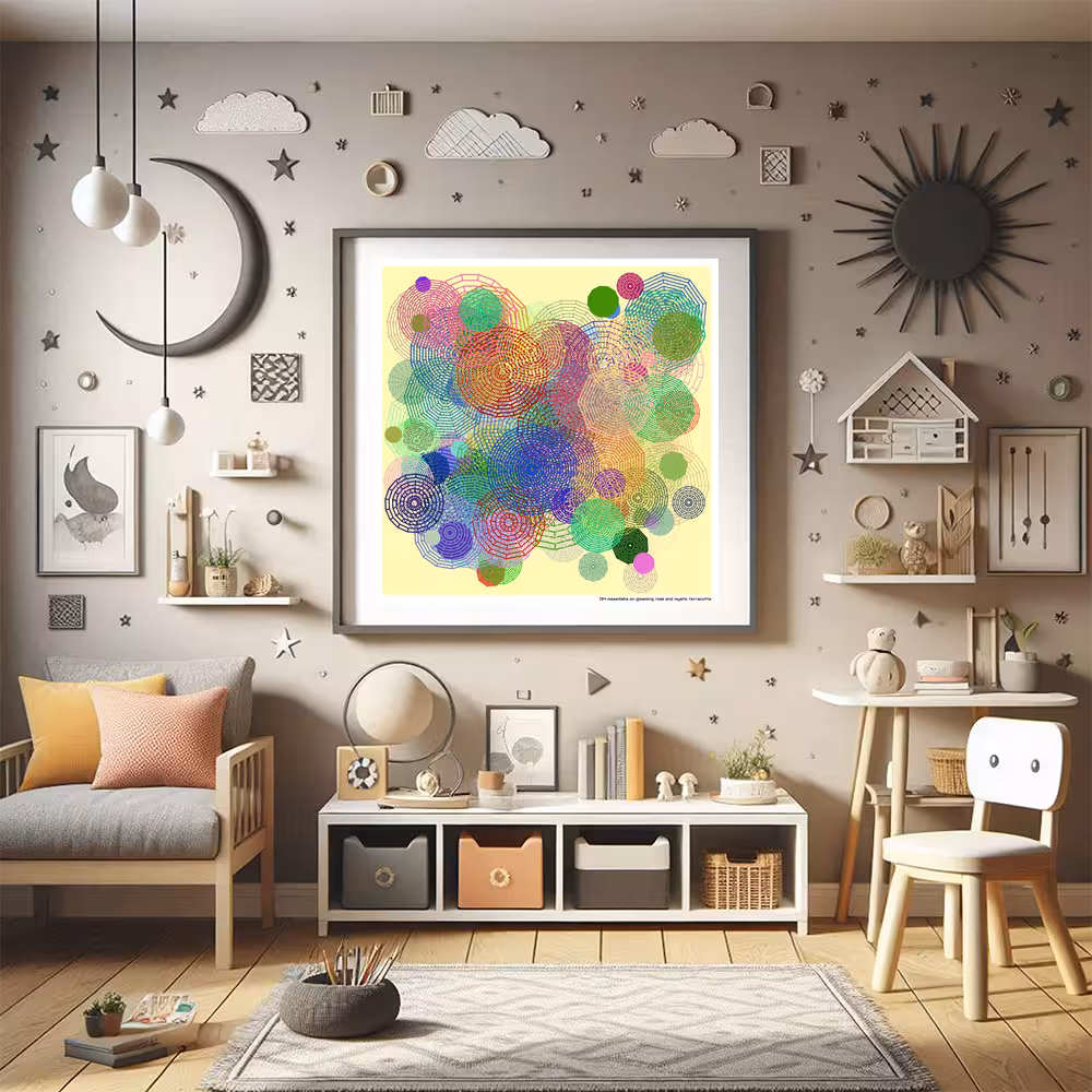 134 mazedisks on gleaming rose and mystic terracotta in room setting