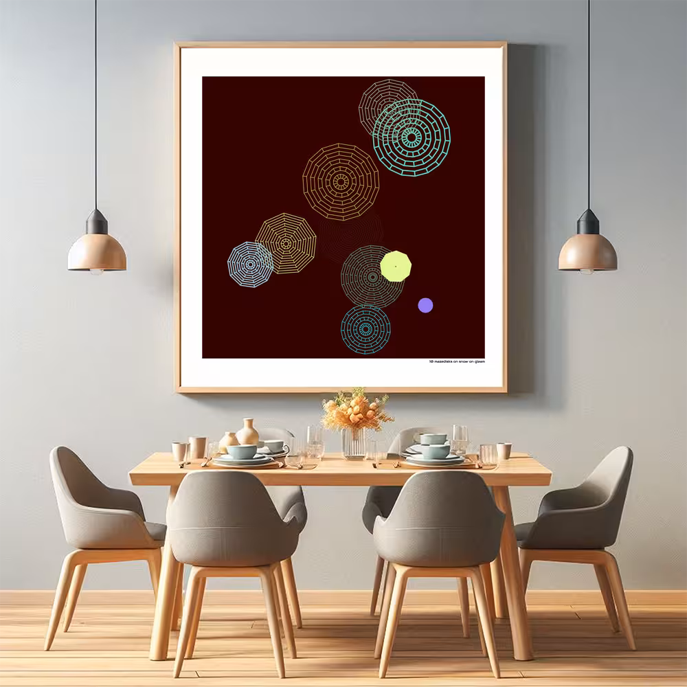 10 mazedisks on snow on gleam in room setting