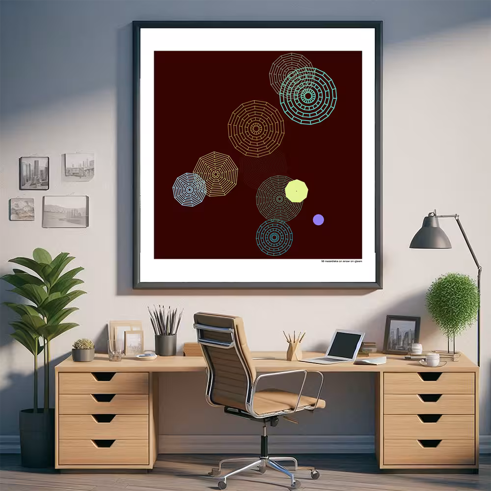 10 mazedisks on snow on gleam in room setting