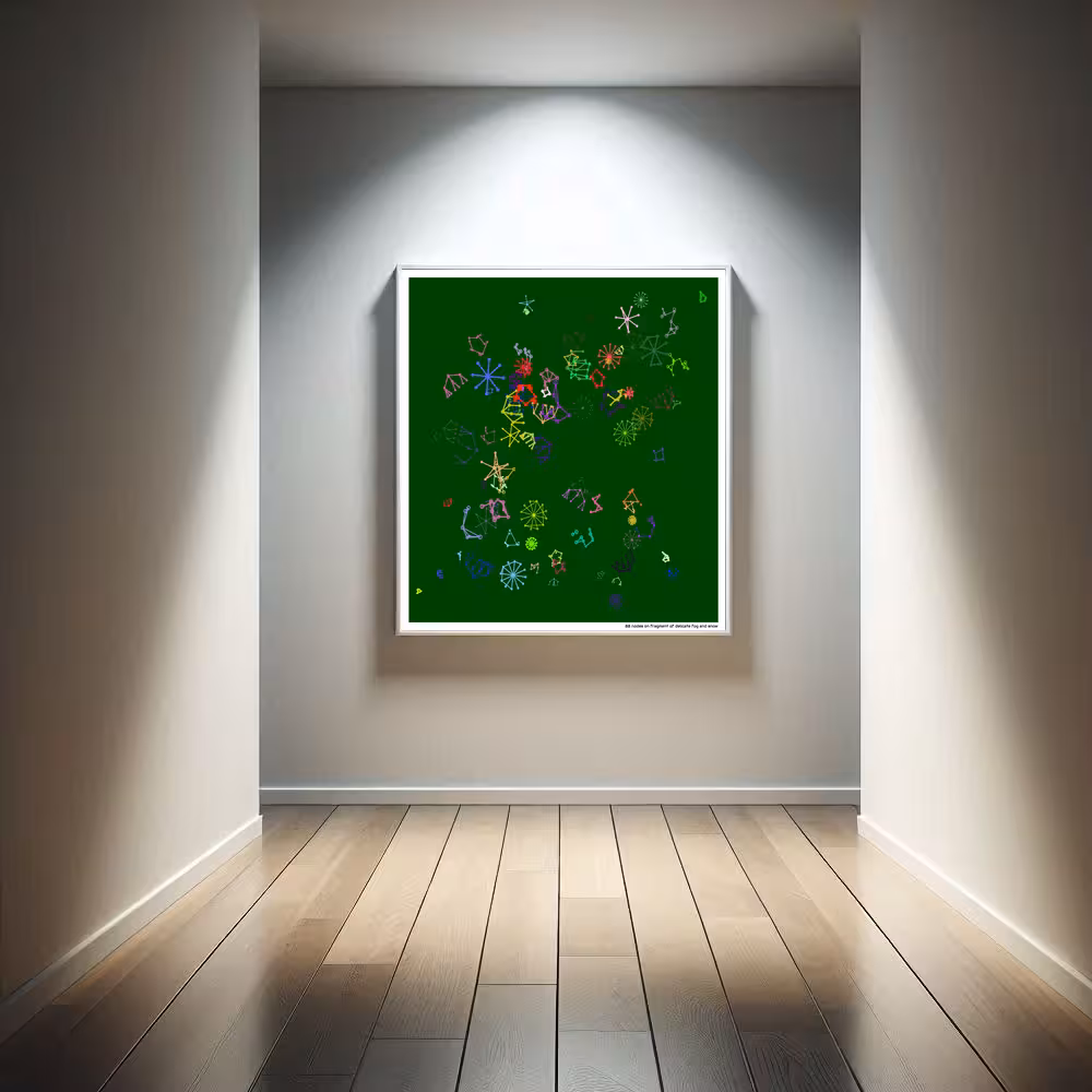 88 nodes on fragment of delicate fog and snow in room setting