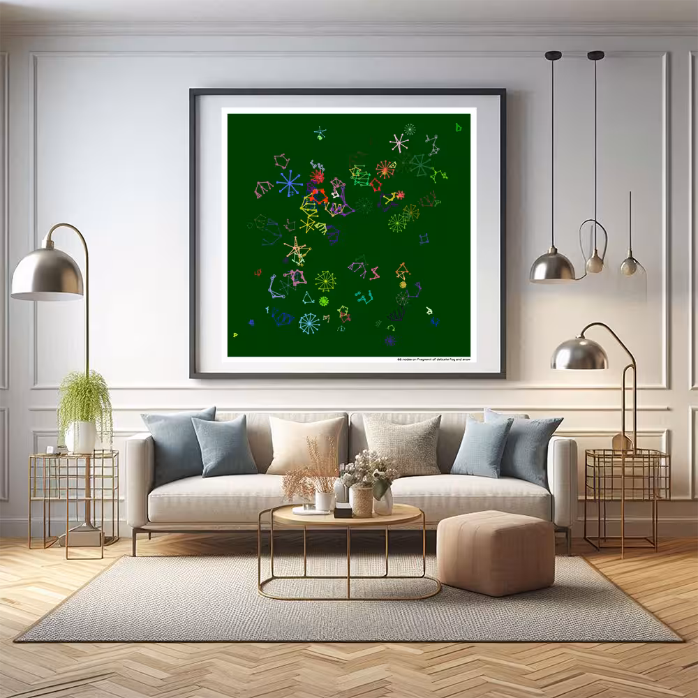 88 nodes on fragment of delicate fog and snow in room setting