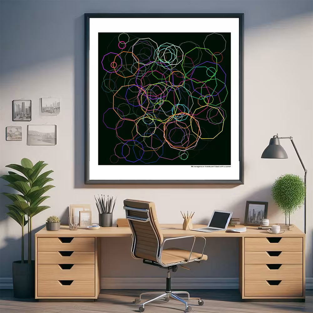 96 nonagons on translucent black with a comet in room setting