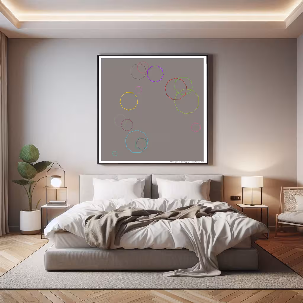 18 nonagons on glowing gray — a symphony of dust in room setting