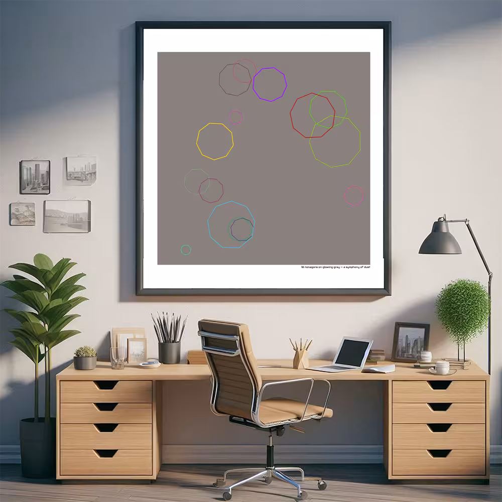 18 nonagons on glowing gray — a symphony of dust in room setting