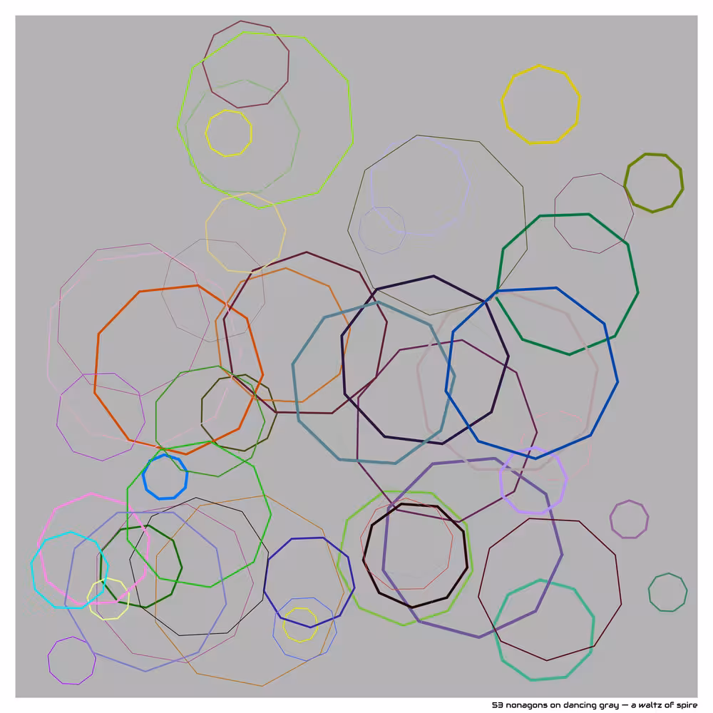 53 nonagons on dancing gray — a waltz of spire