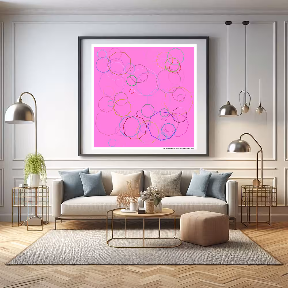 60 nonagons on bright graphite and misty azure in room setting