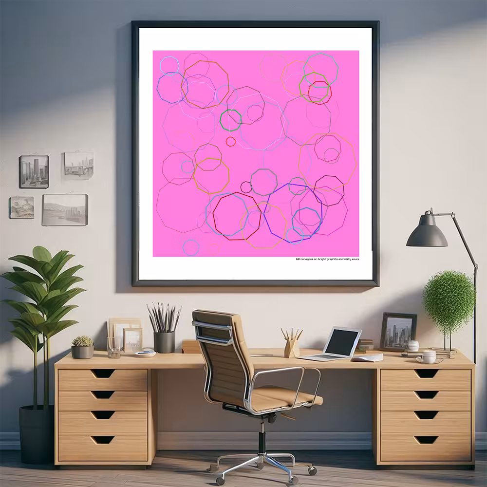 60 nonagons on bright graphite and misty azure in room setting