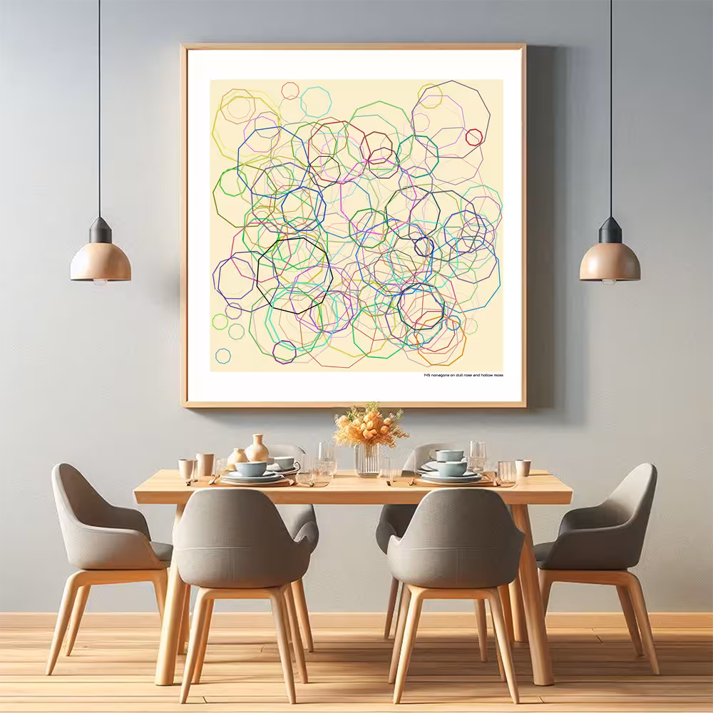 145 nonagons on dull rose and hollow moss in room setting