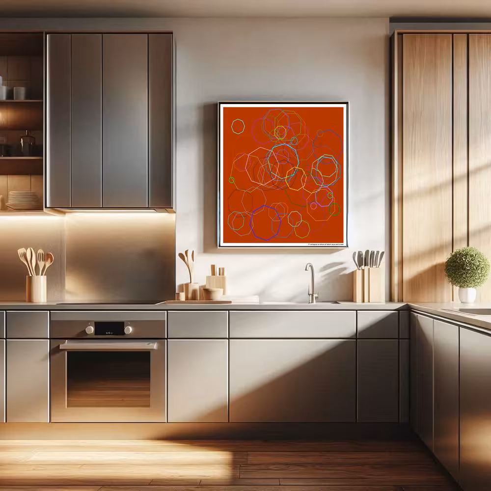 77 octagons on shore of silent aqua and cream in room setting