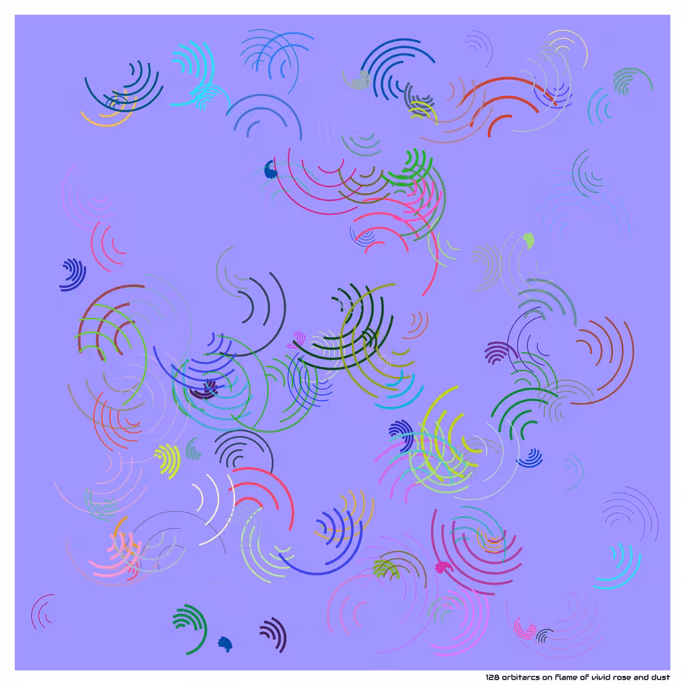 128 orbitarcs on flame of vivid rose and dust