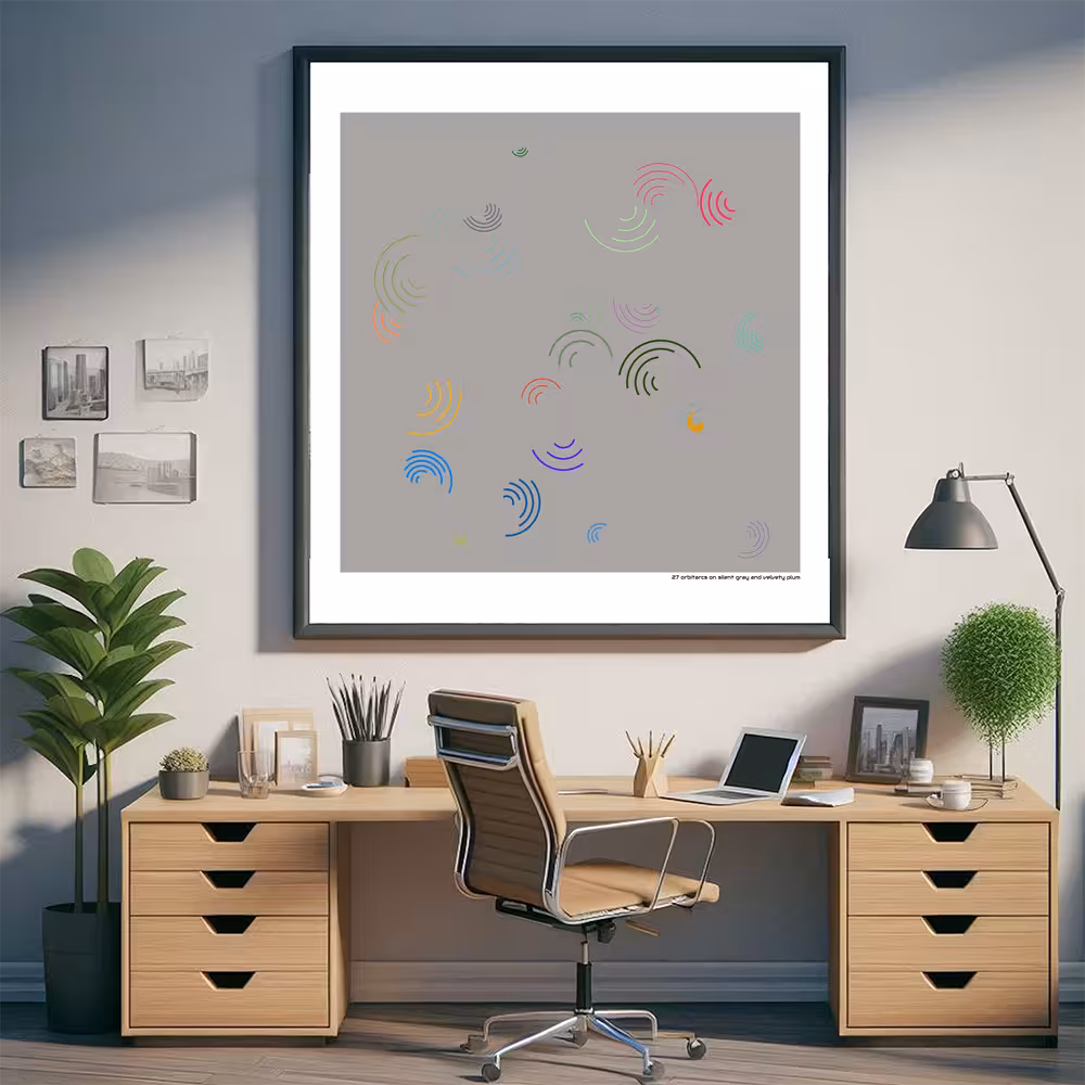 27 orbitarcs on silent gray and velvety plum in room setting