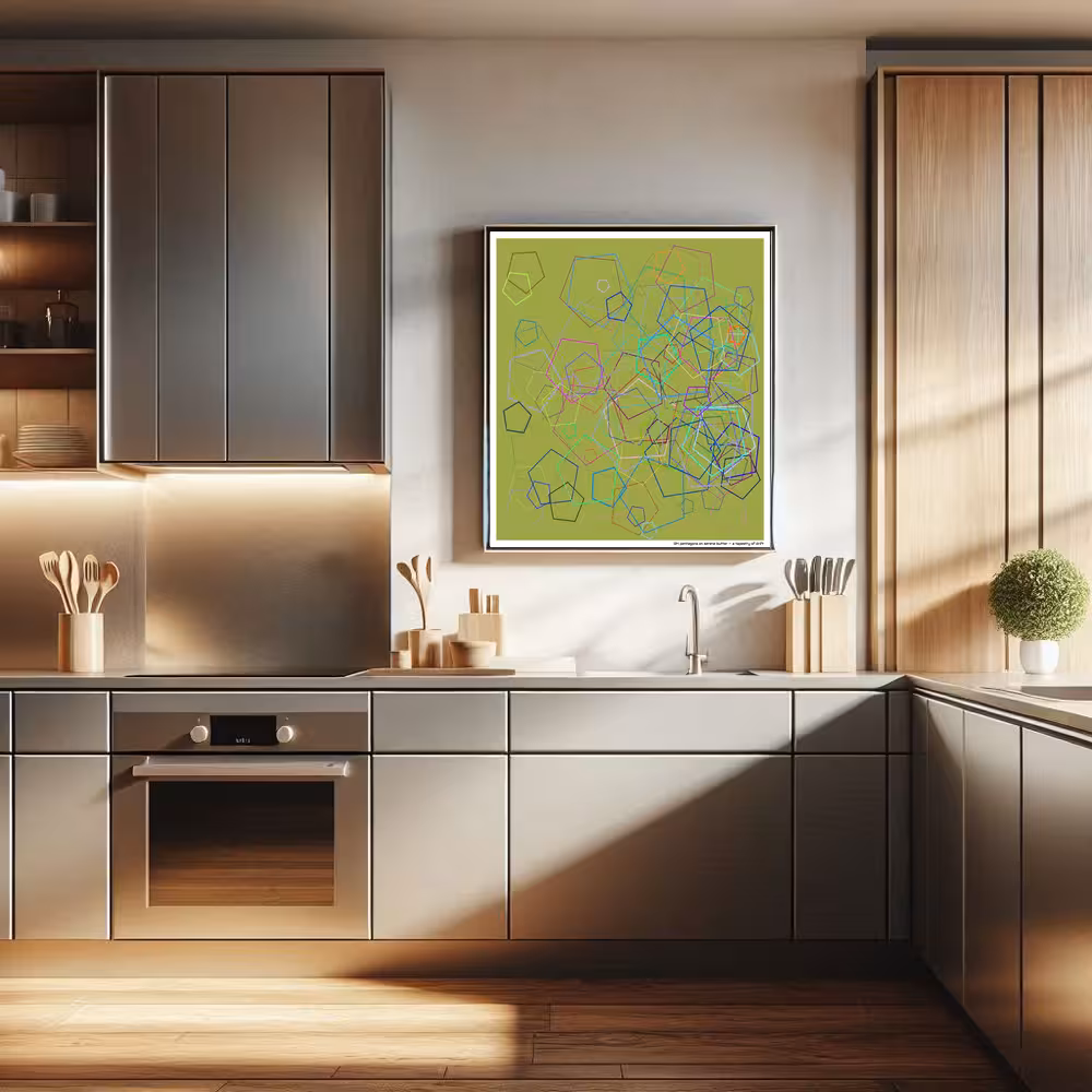 134 pentagons on serene butter — a tapestry of drift in room setting