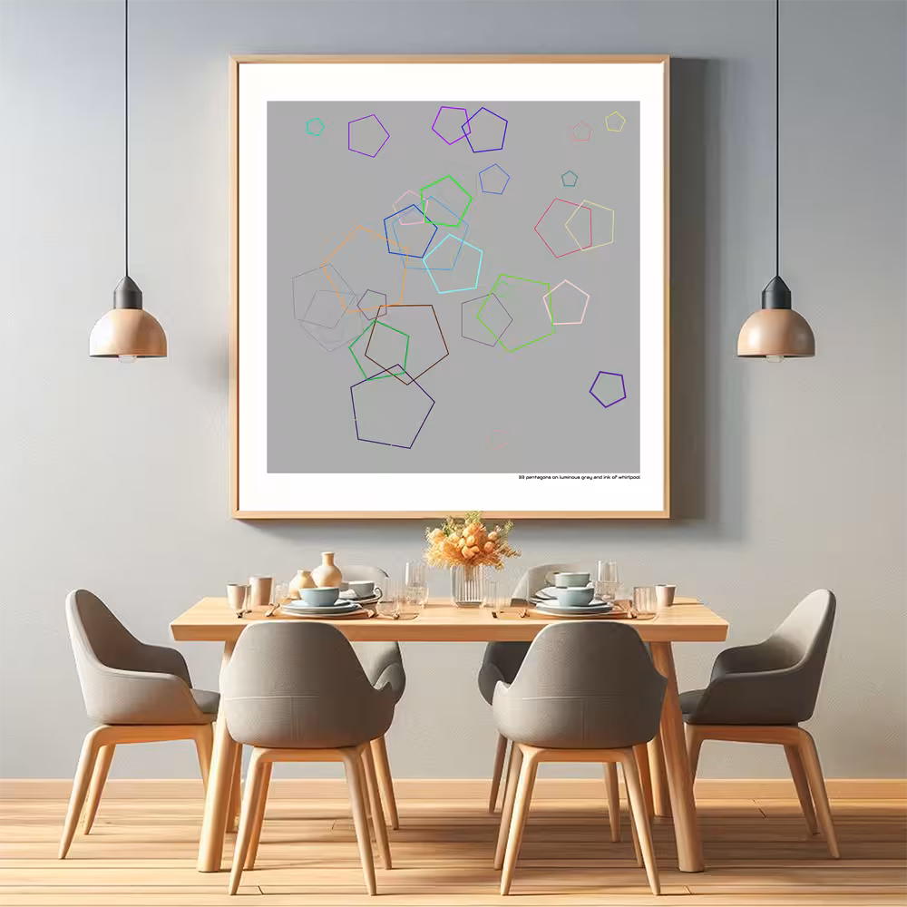 33 pentagons on luminous gray and ink of whirlpool in room setting