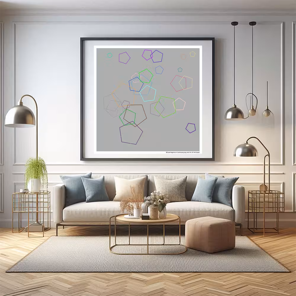 33 pentagons on luminous gray and ink of whirlpool in room setting