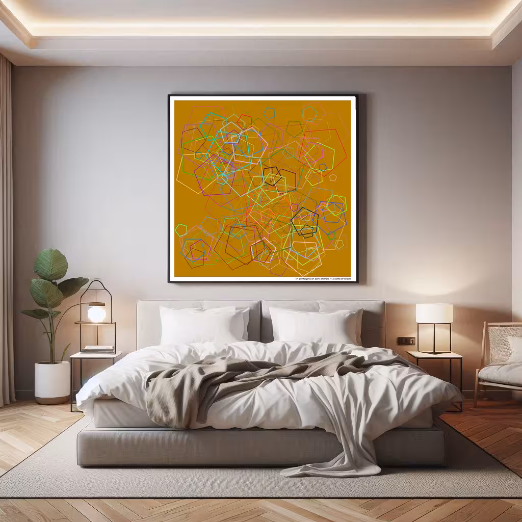 171 pentagons on dark emerald — a waltz of shade in room setting