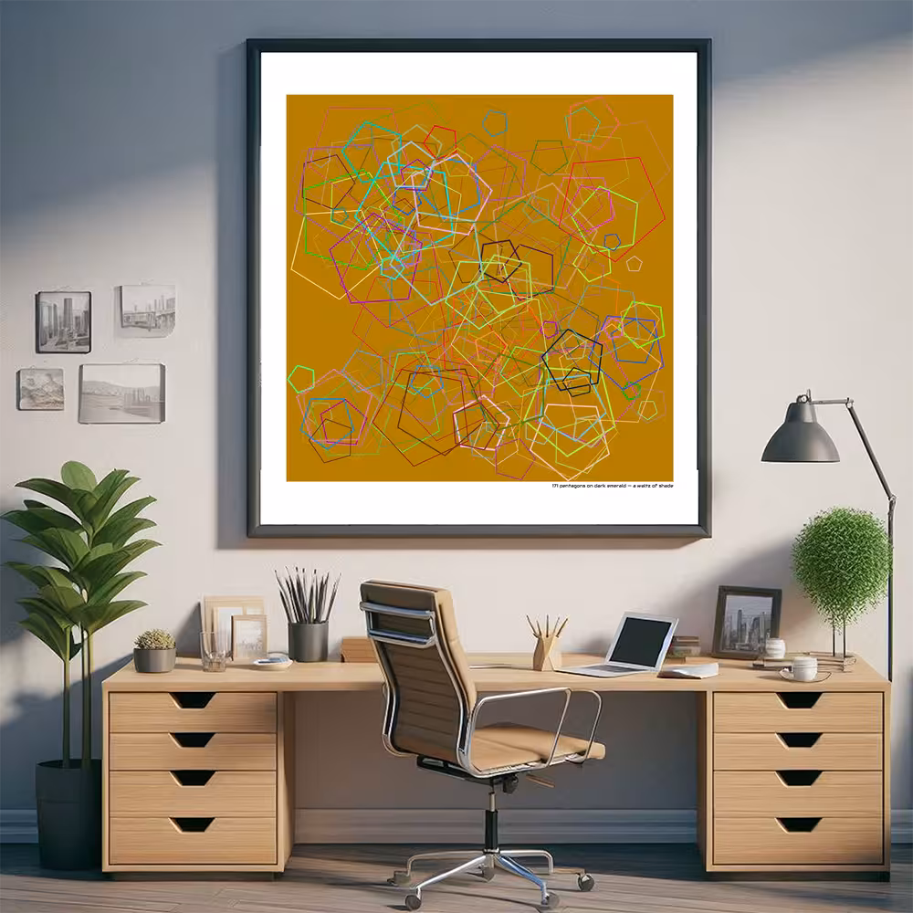 171 pentagons on dark emerald — a waltz of shade in room setting