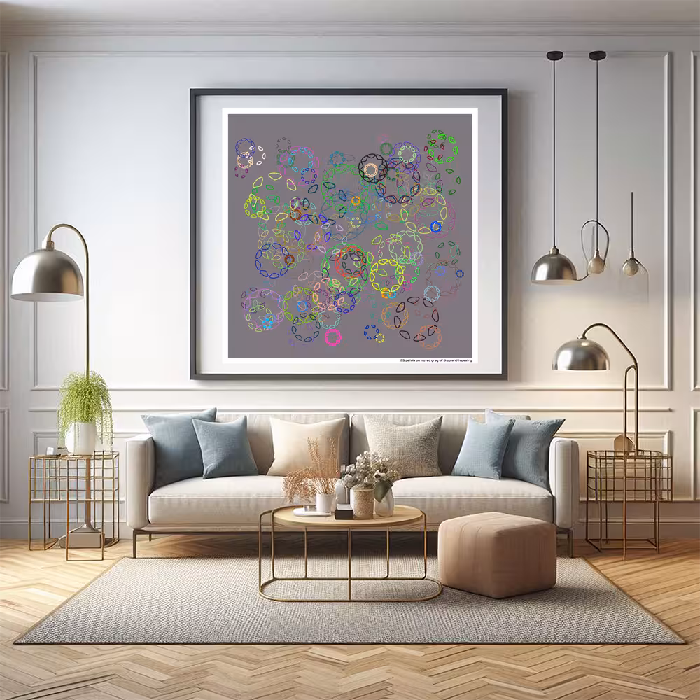 135 petals on muted gray of drop and tapestry in room setting