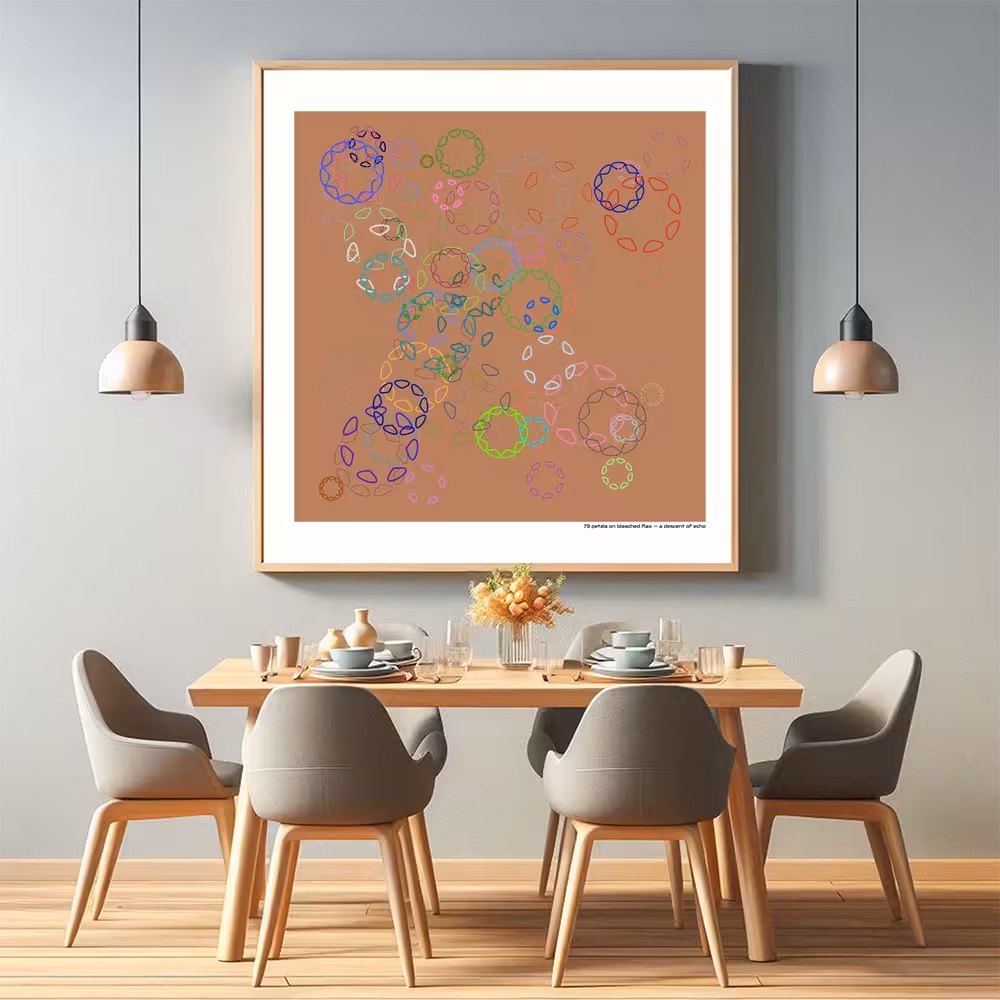 73 petals on bleached flax — a descent of echo in room setting