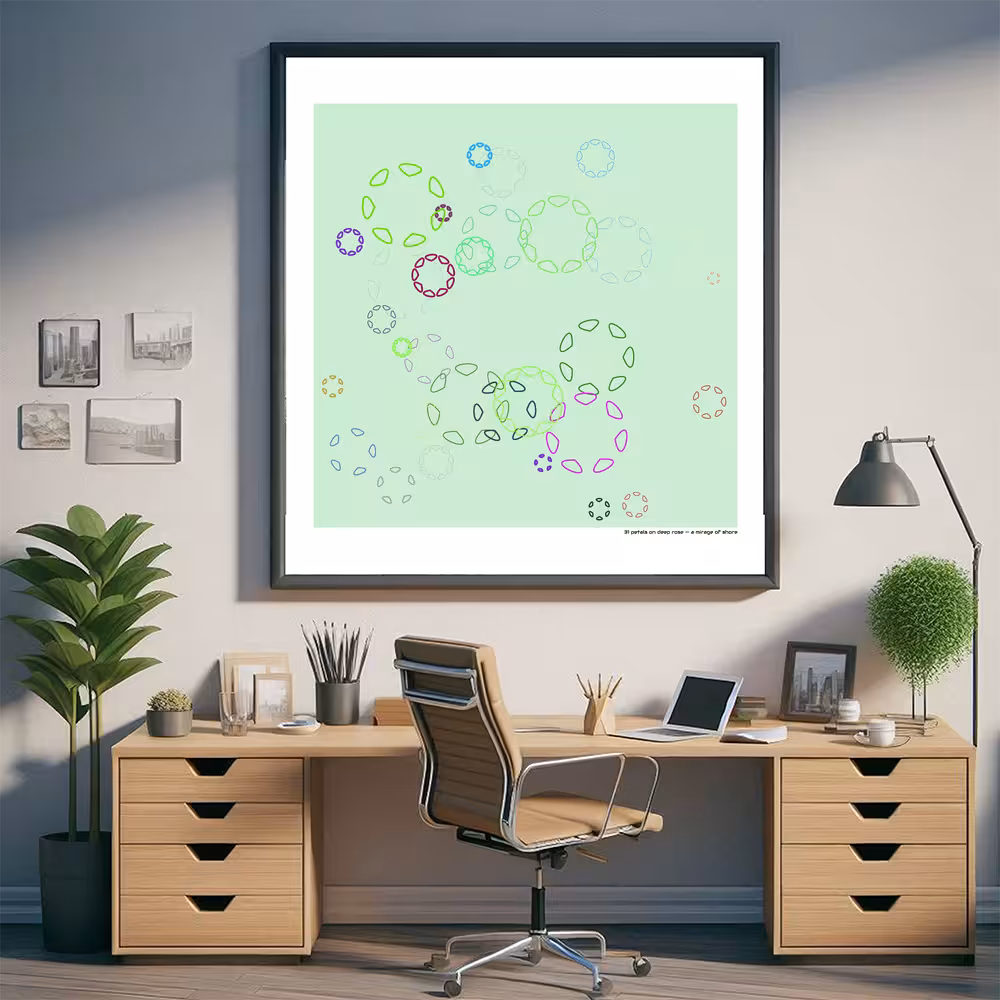 31 petals on deep rose — a mirage of shore in room setting