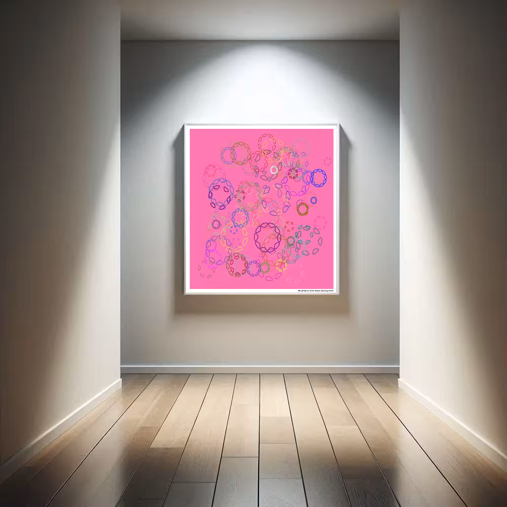 96 petals on brick above dancing white in room setting