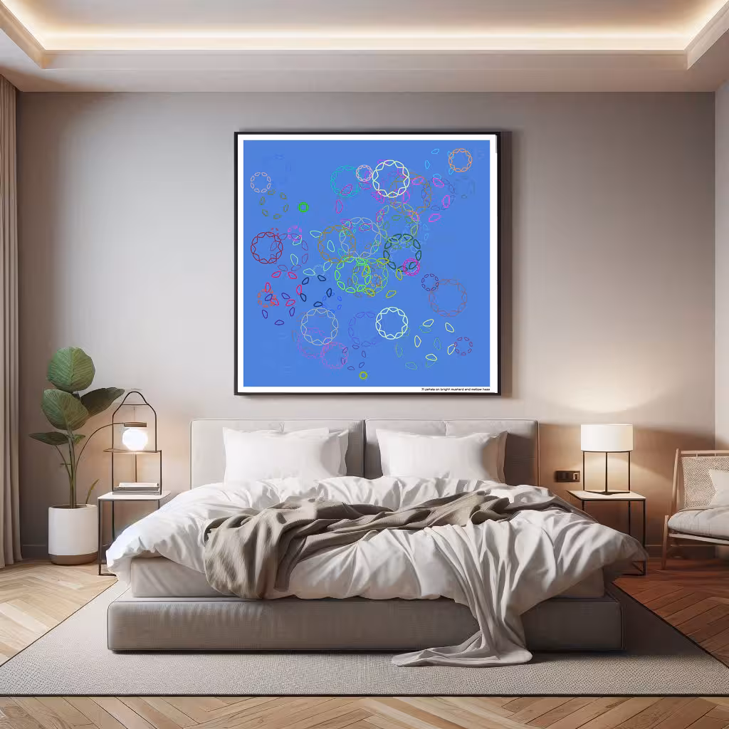 71 petals on bright mustard and mellow haze in room setting