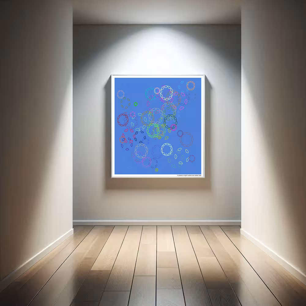 71 petals on bright mustard and mellow haze in room setting