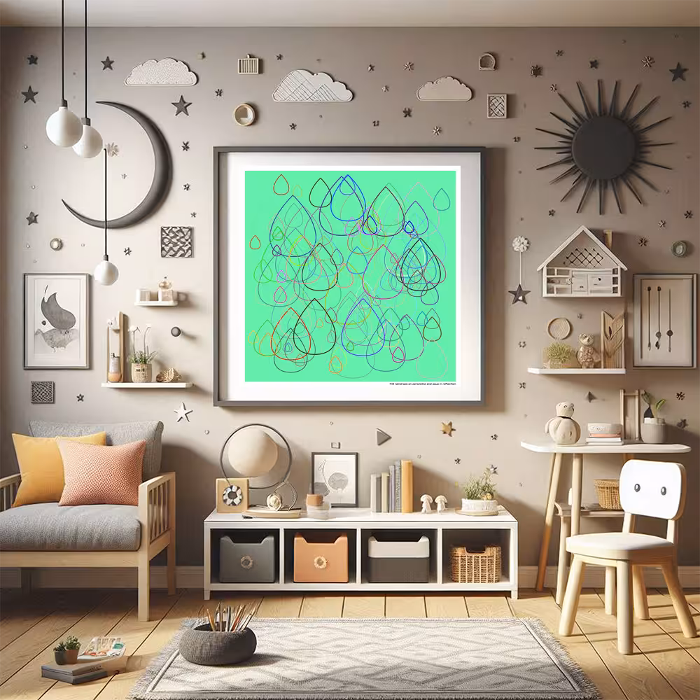 143 raindrops on periwinkle and aqua in reflection in room setting