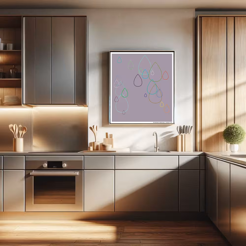 26 raindrops on delicate gray — a whisper of mist in room setting