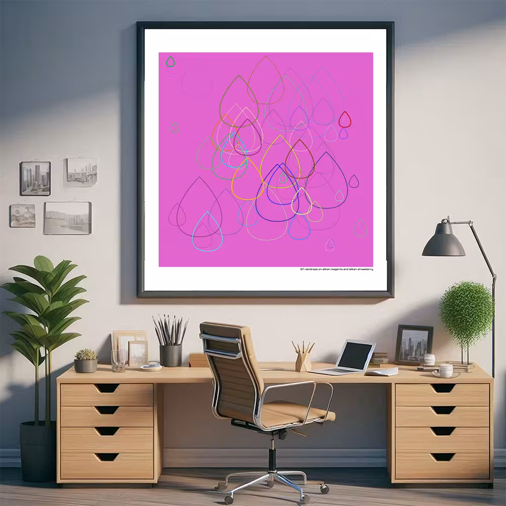57 raindrops on silken magenta and silken strawberry in room setting