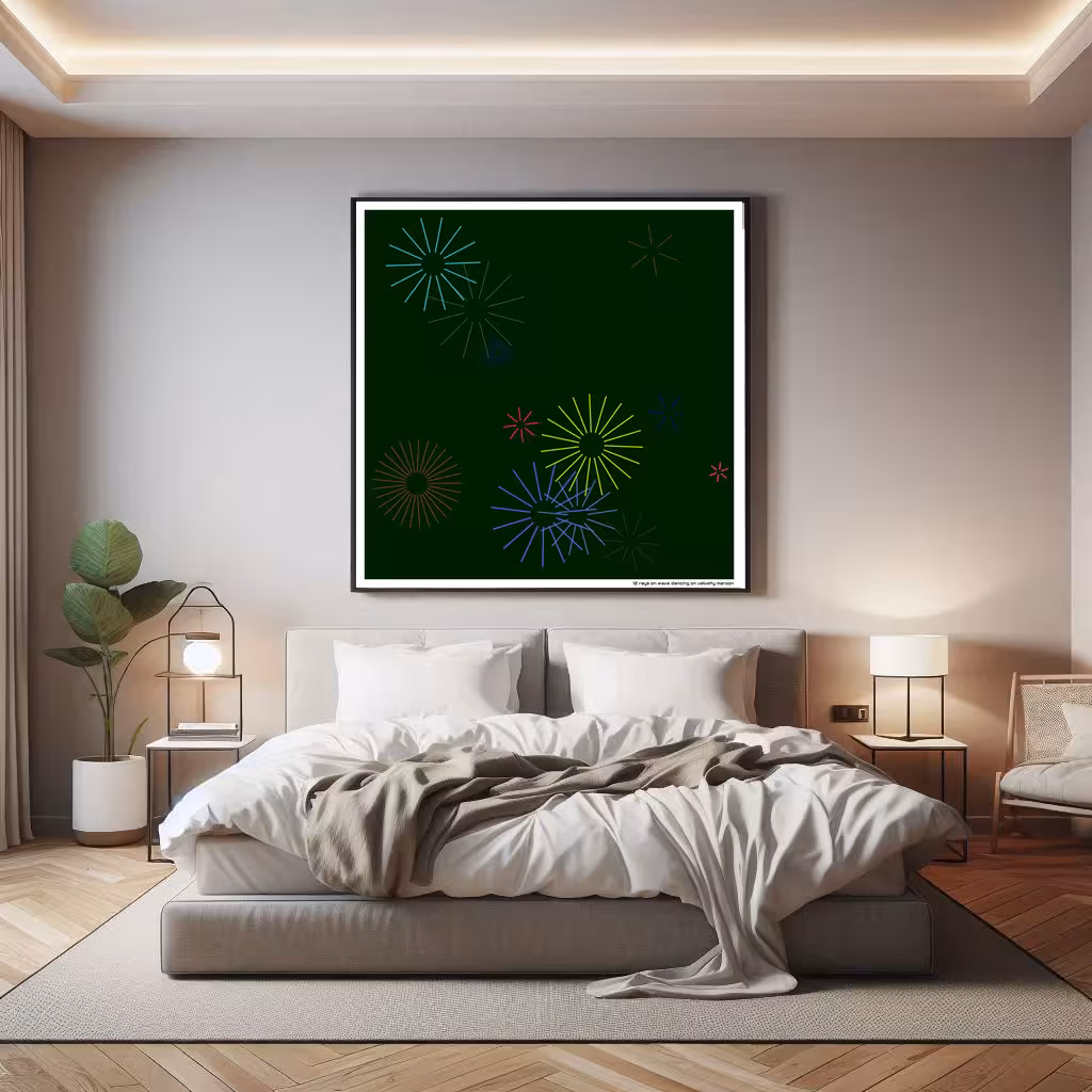 12 rays on wave dancing on velvety maroon in room setting