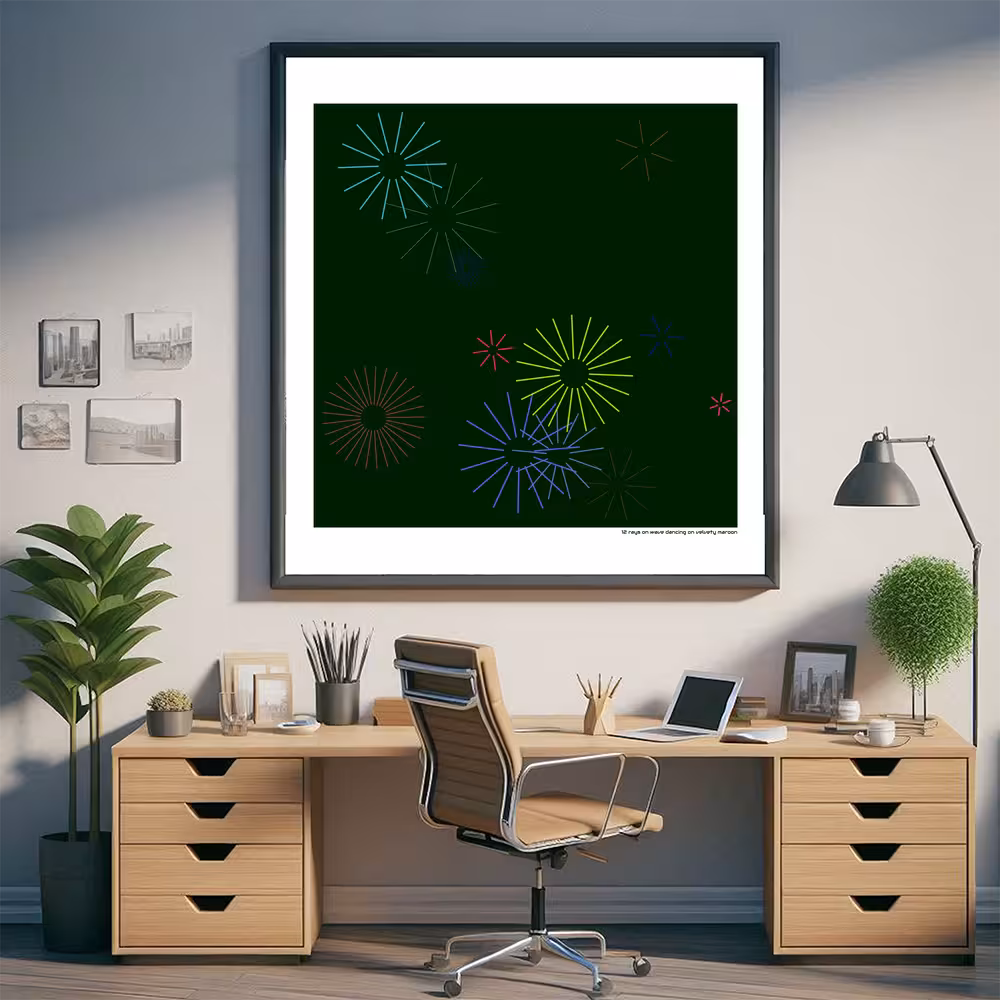 12 rays on wave dancing on velvety maroon in room setting