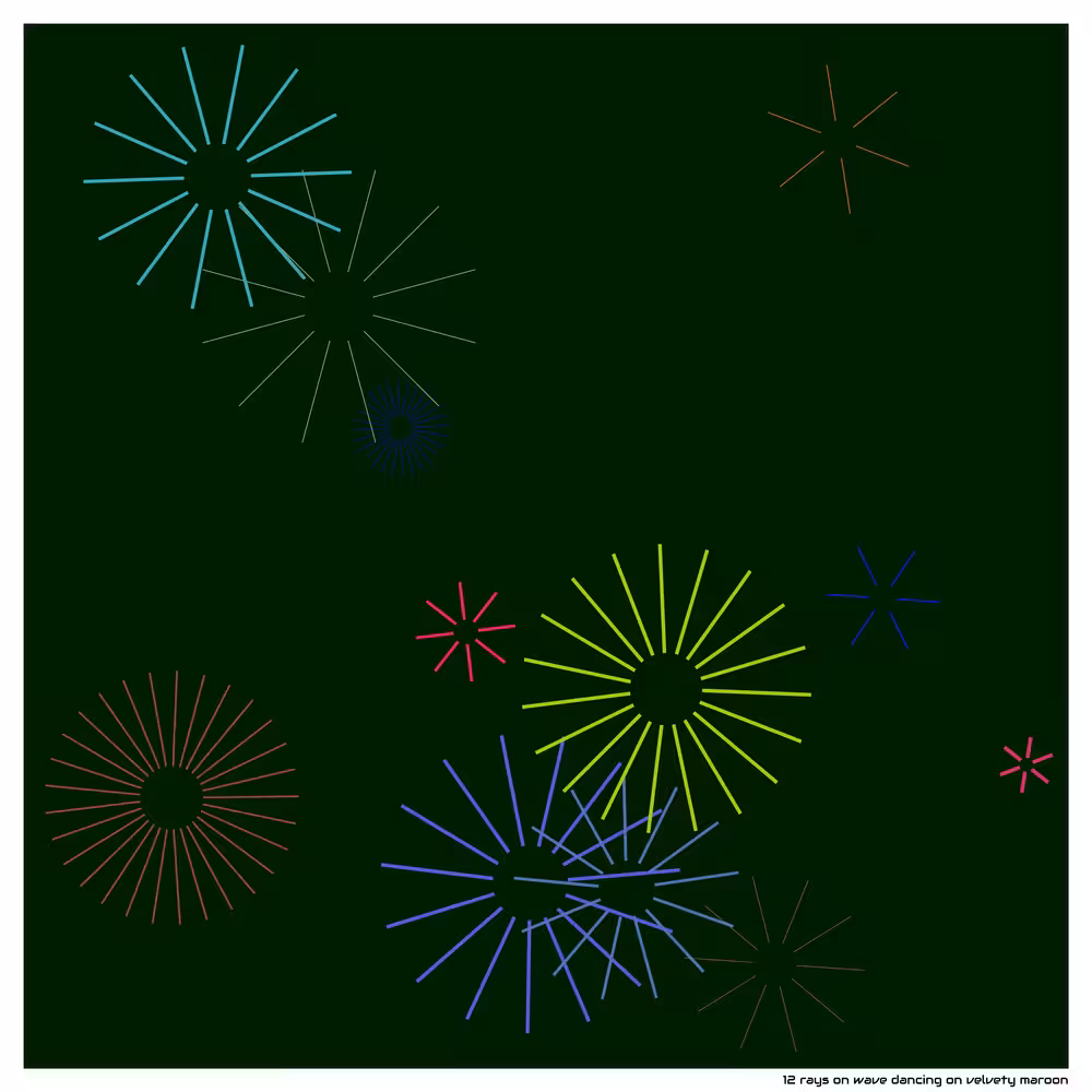 12 rays on wave dancing on velvety maroon