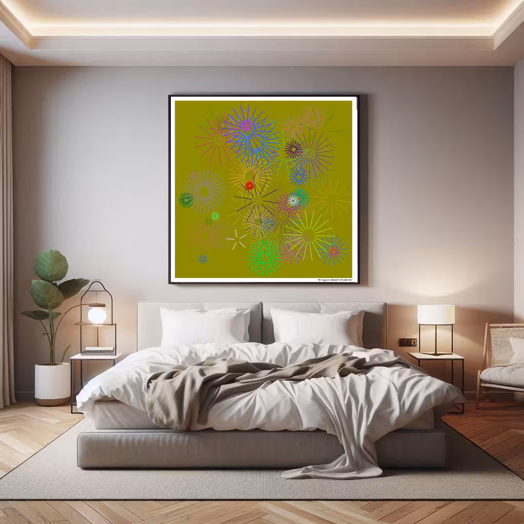 72 rays on descent of pale tan in room setting