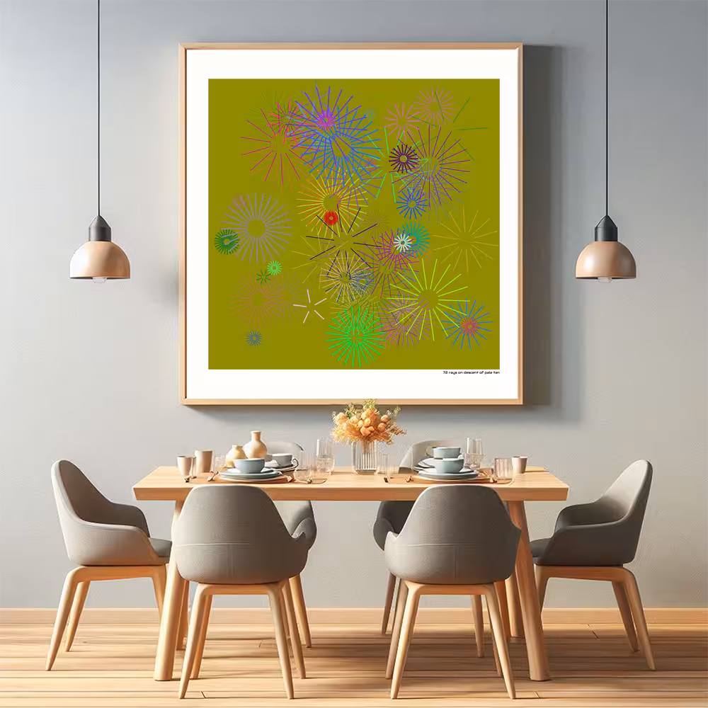 72 rays on descent of pale tan in room setting