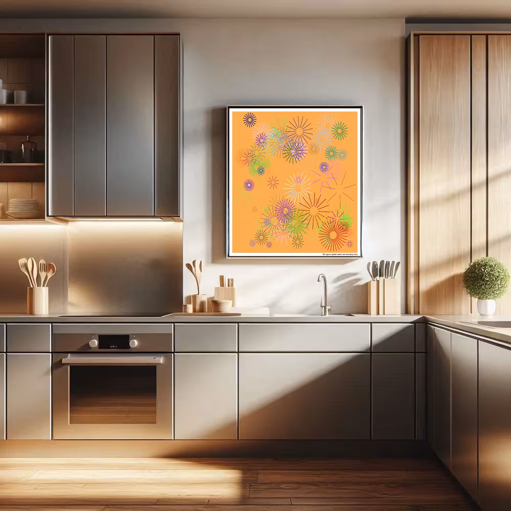 85 rays on golden peach and emerging navy in room setting