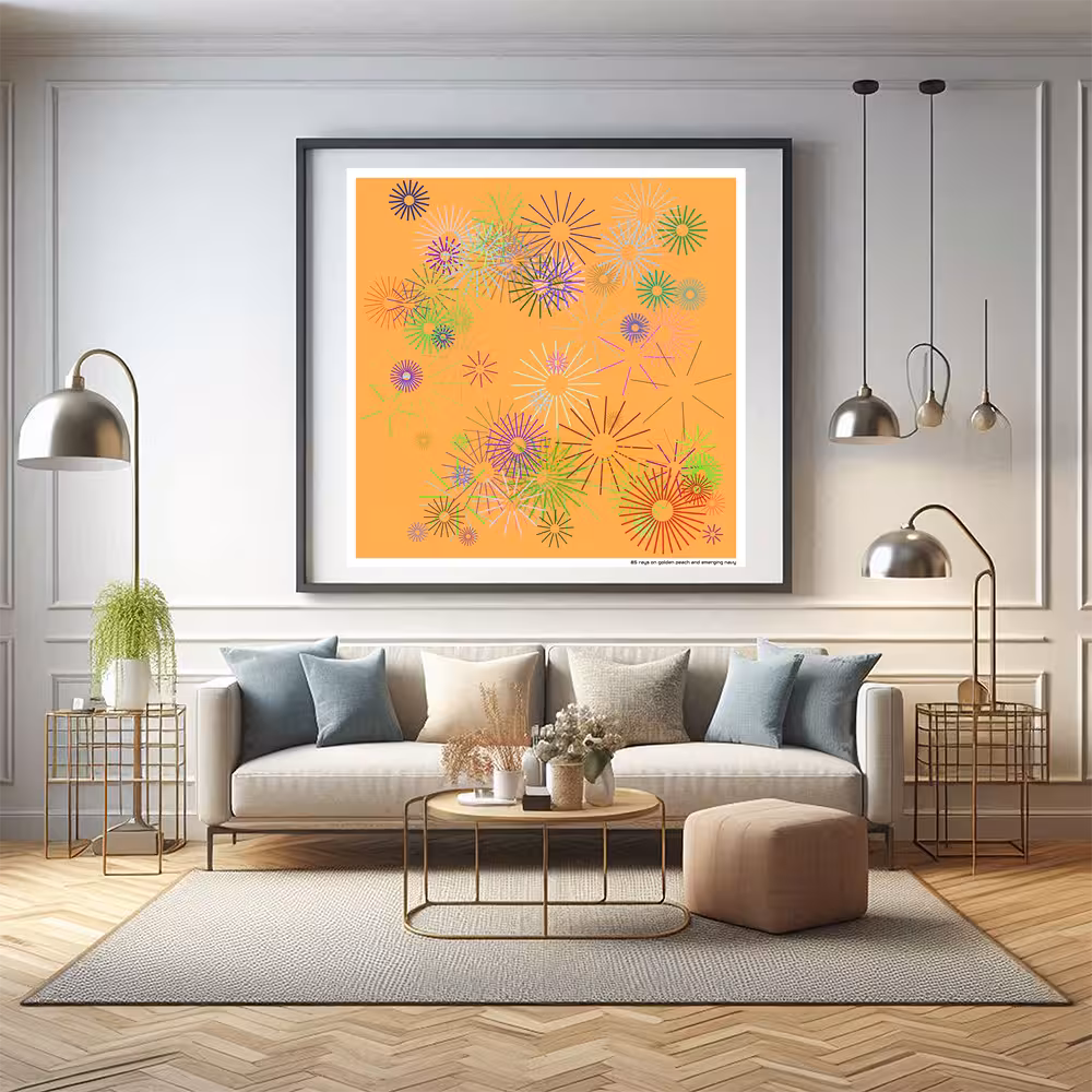 85 rays on golden peach and emerging navy in room setting