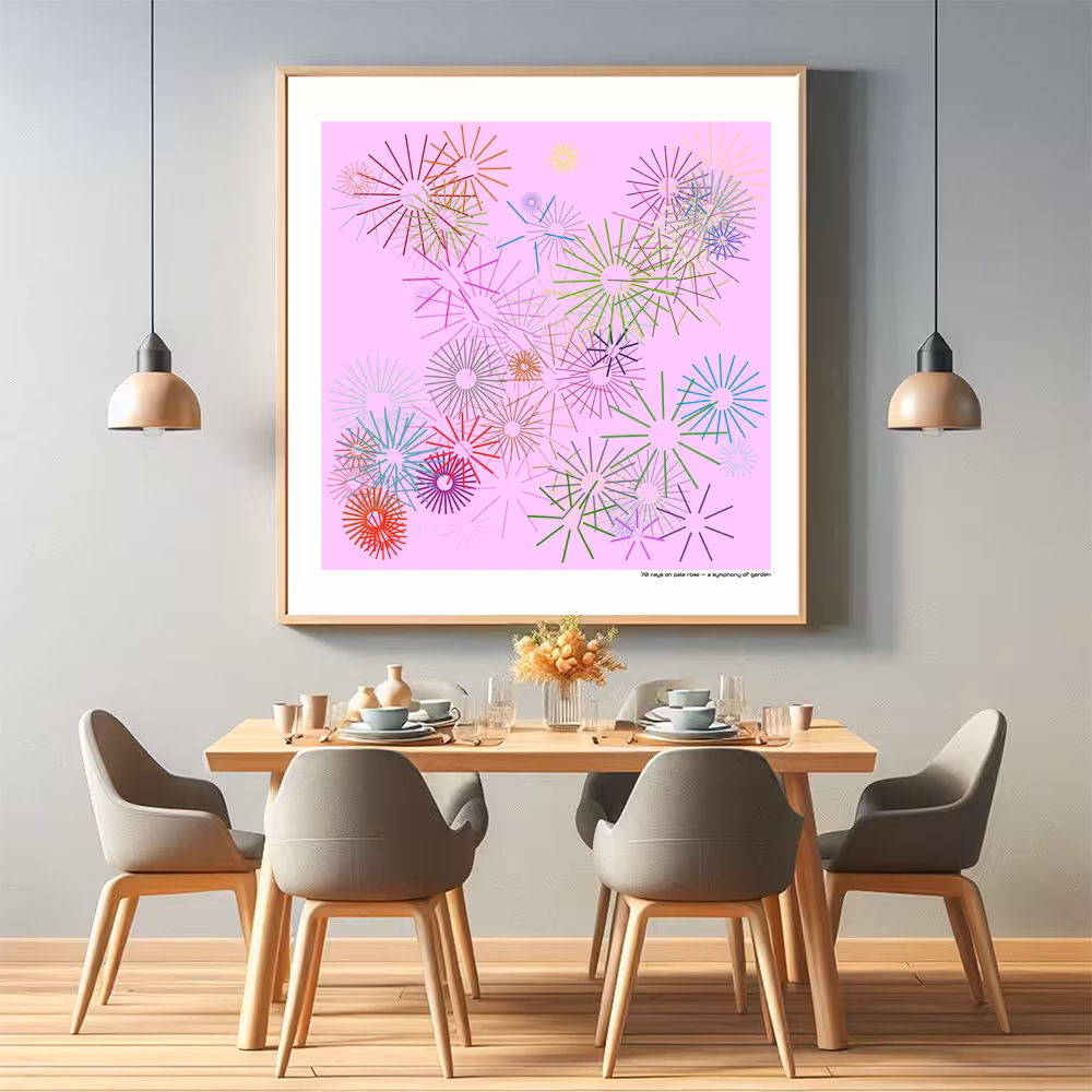 70 rays on pale rose — a symphony of garden in room setting