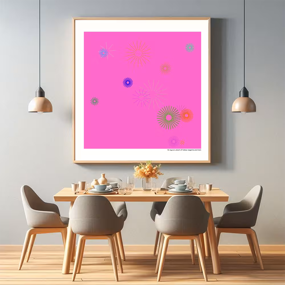 15 rays on velvet of hollow magenta and linen in room setting