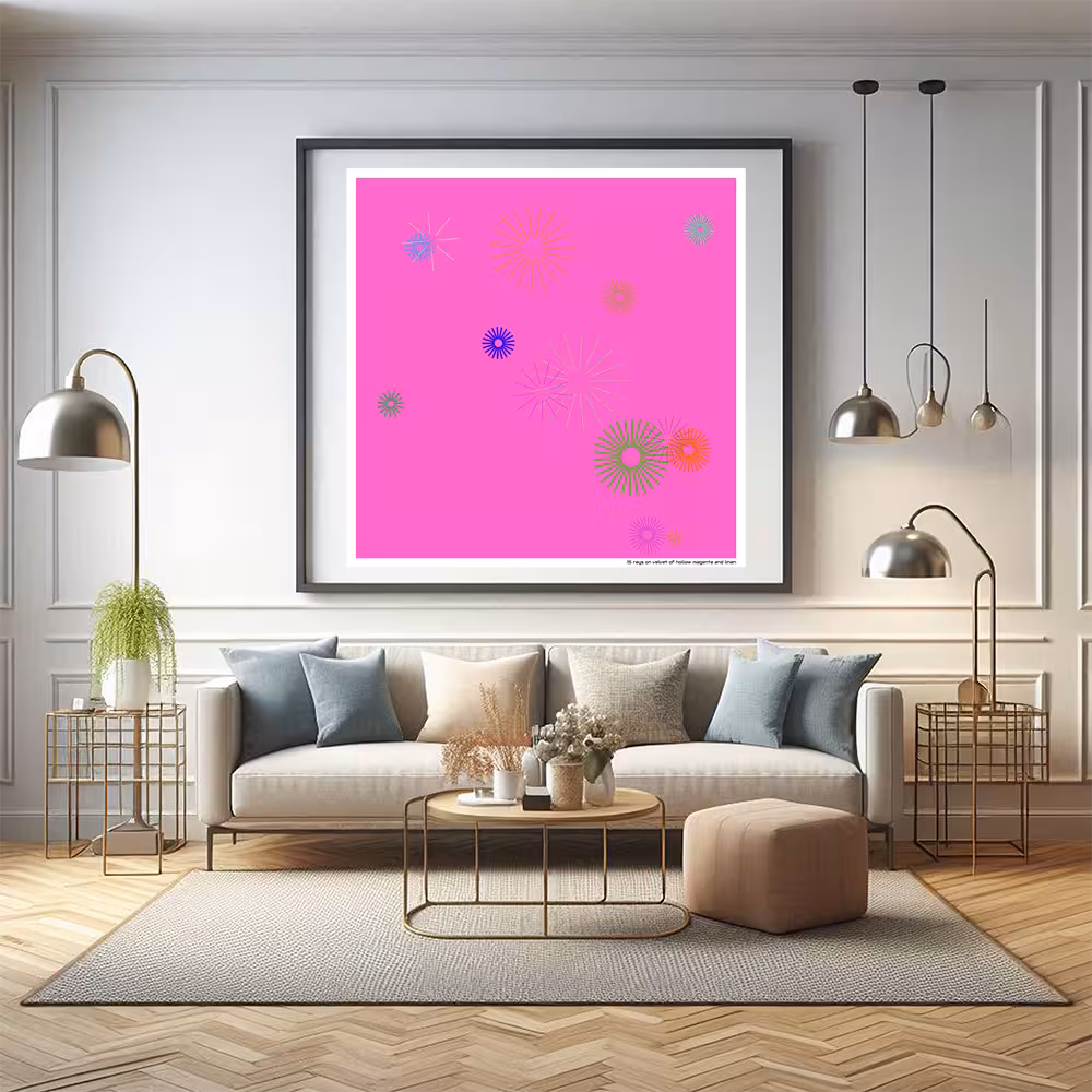15 rays on velvet of hollow magenta and linen in room setting