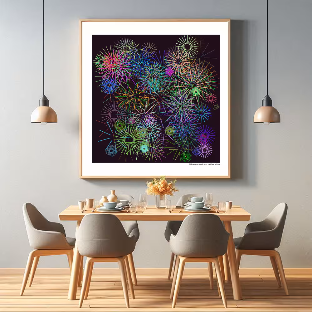 146 rays on black over vivid periwinkle in room setting