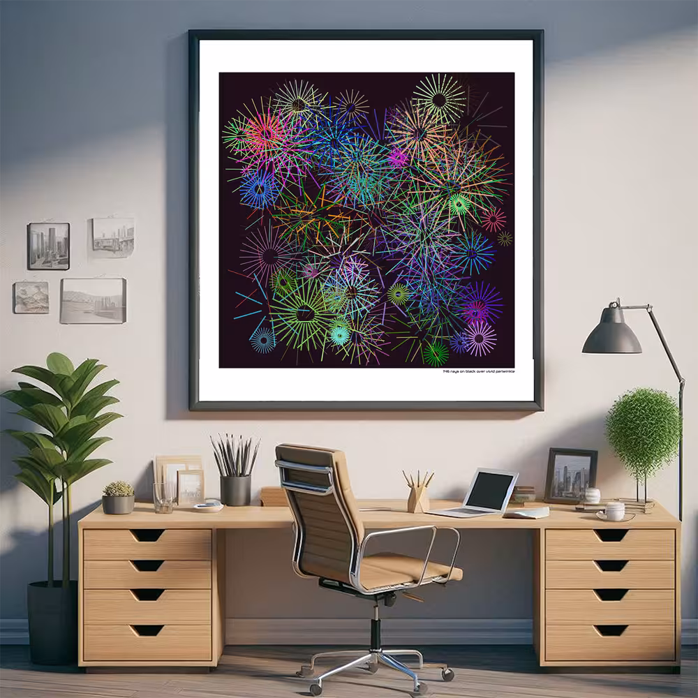 146 rays on black over vivid periwinkle in room setting