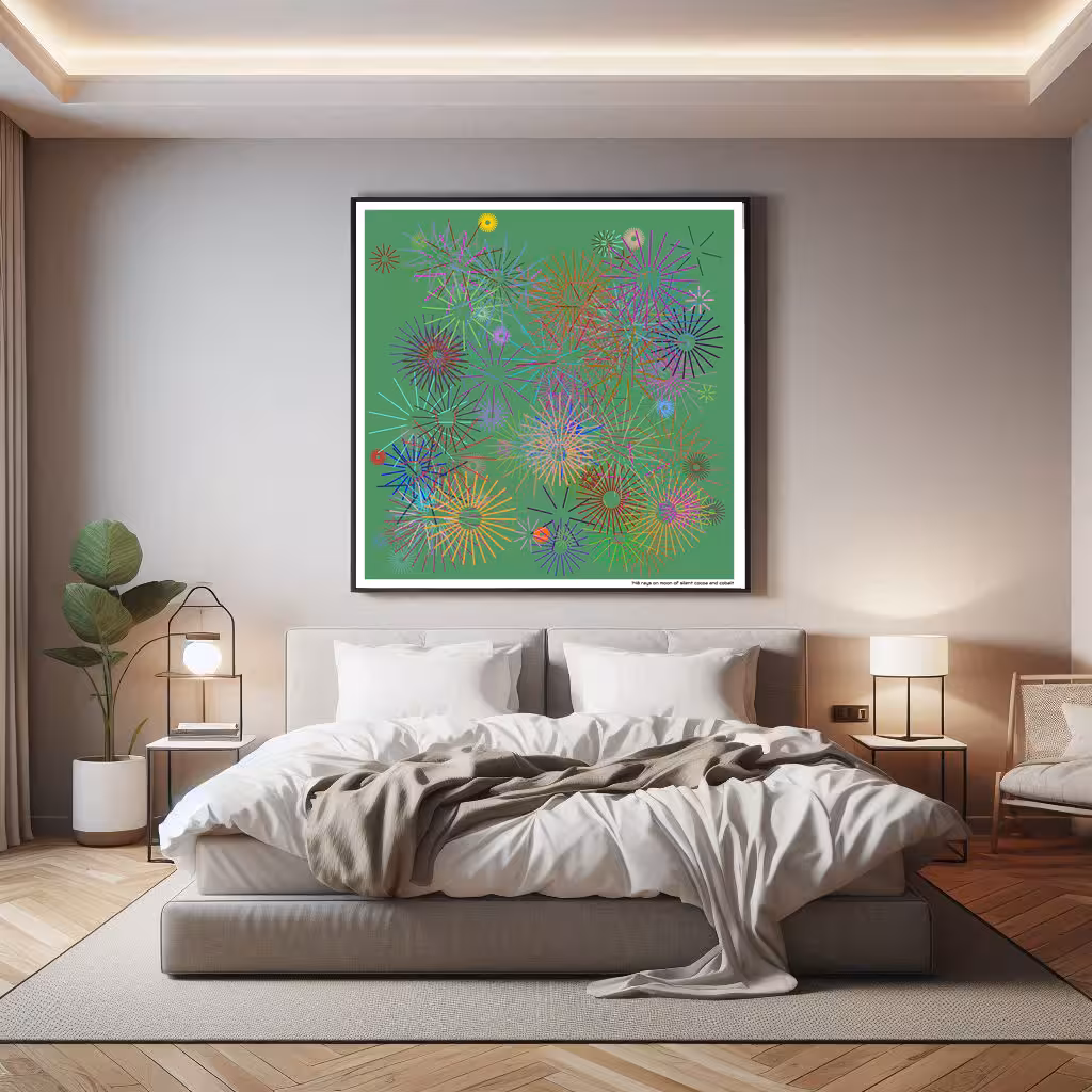 148 rays on moon of silent cocoa and cobalt in room setting