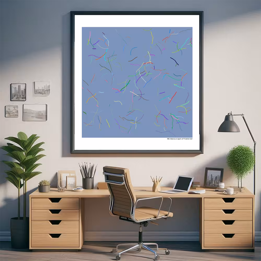 195 ribbons on spark of frosted mist in room setting