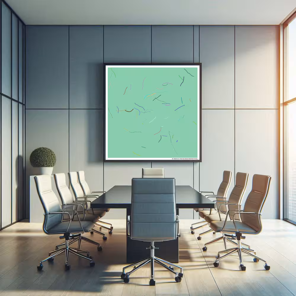 61 ribbons on charcoal above bleached honey in room setting