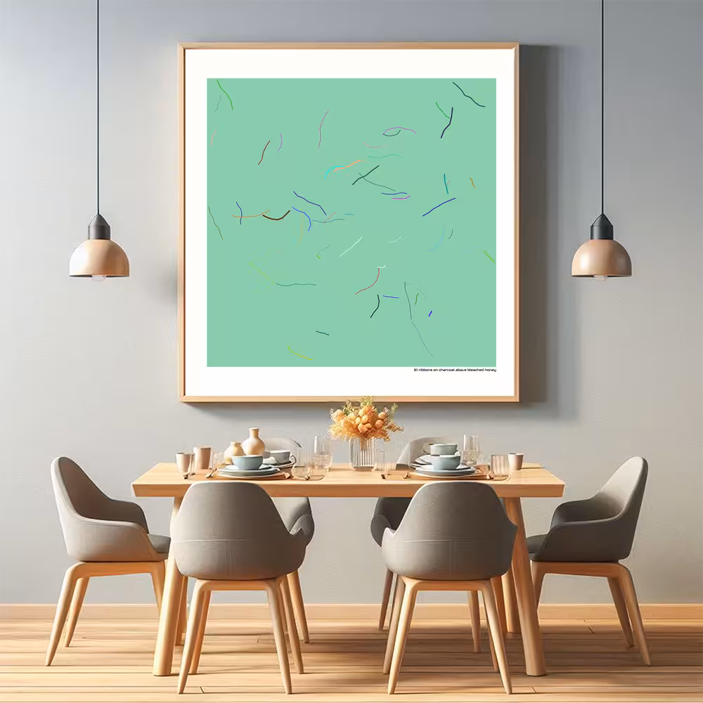 61 ribbons on charcoal above bleached honey in room setting