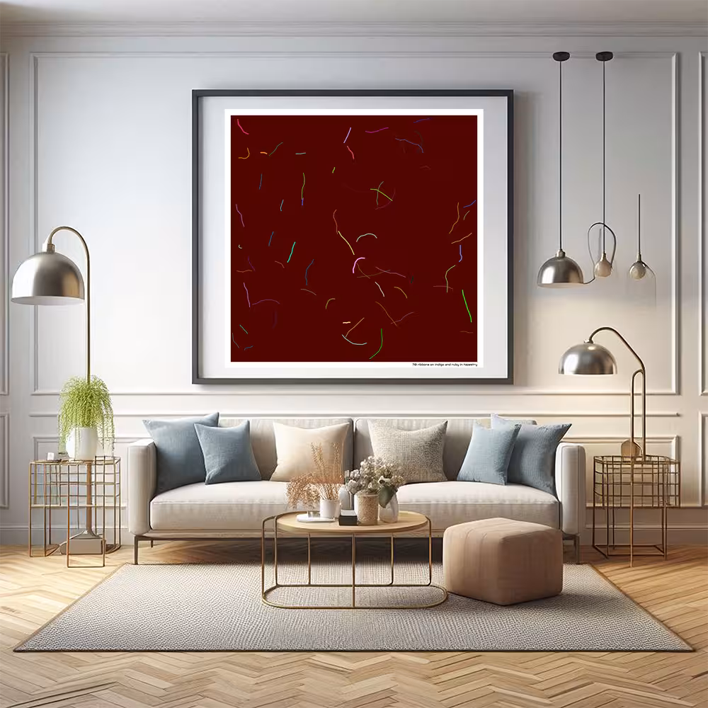 70 ribbons on indigo and ruby in tapestry in room setting
