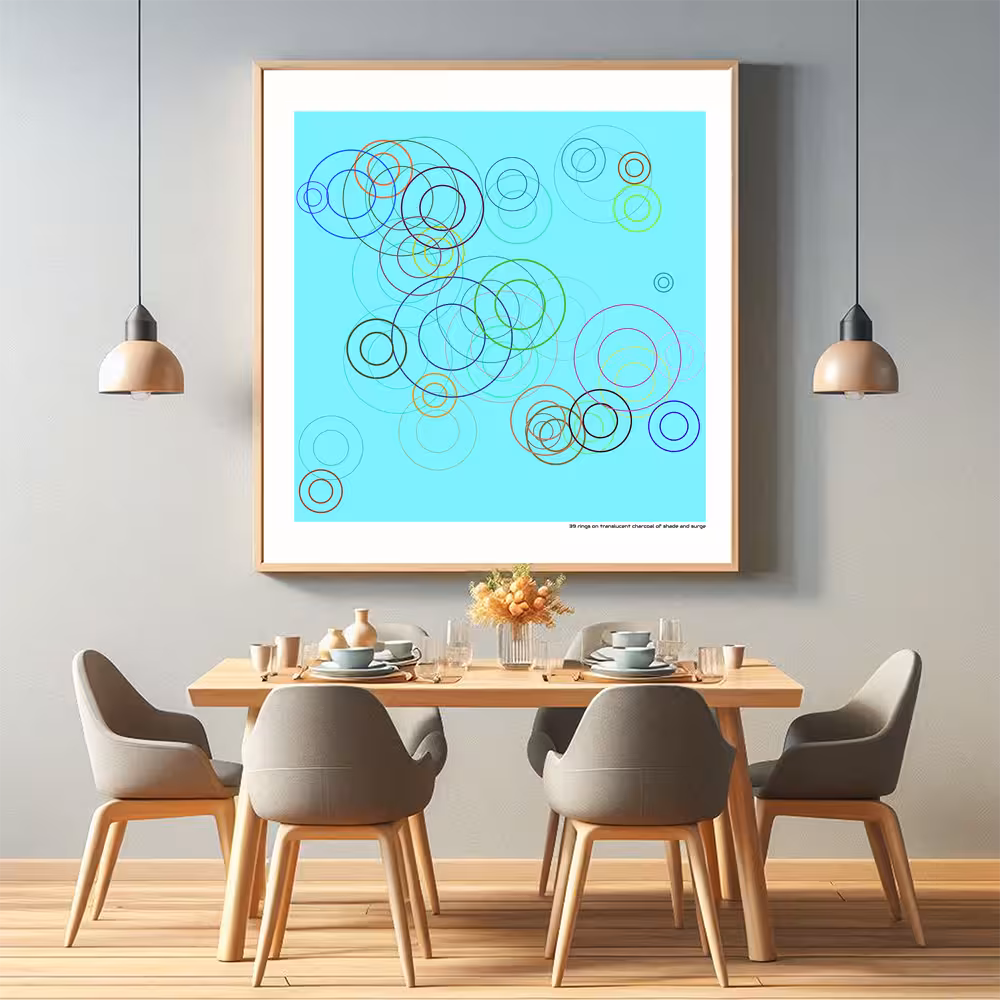 39 rings on translucent charcoal of shade and surge in room setting