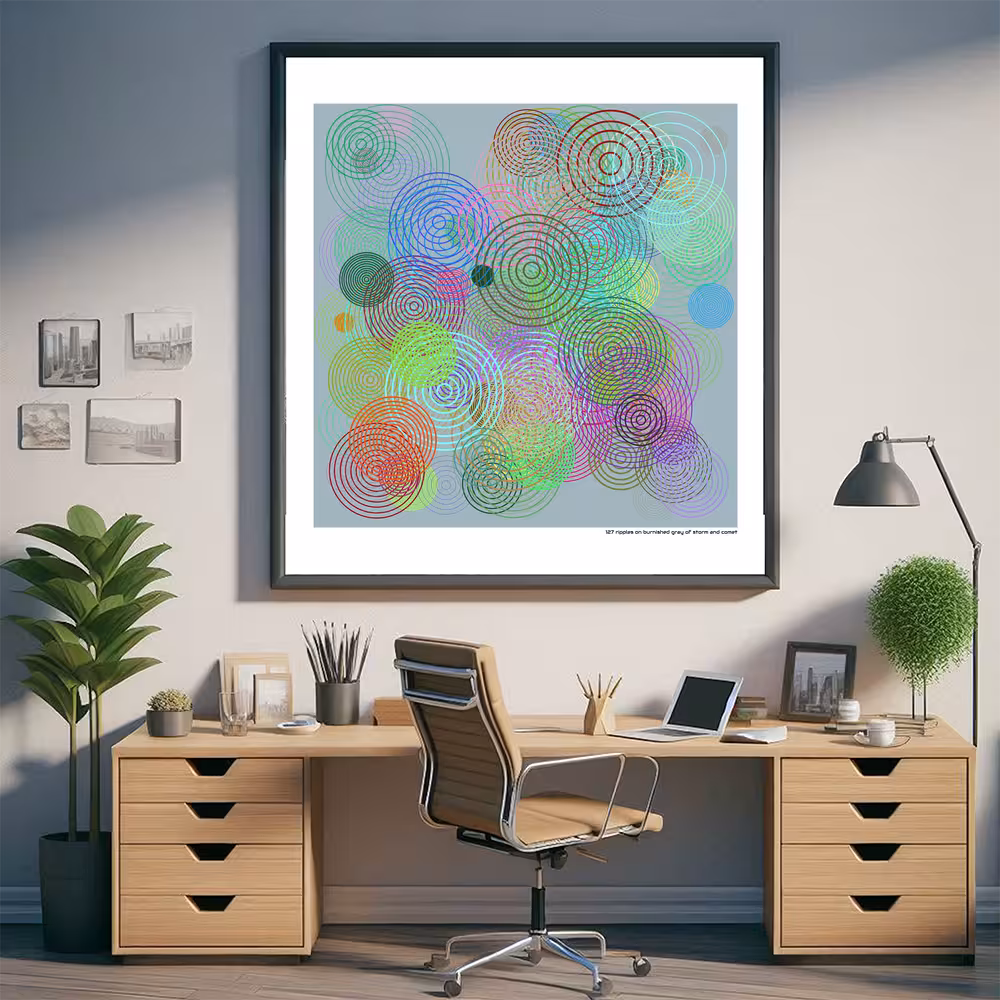 127 ripples on burnished gray of storm and comet in room setting