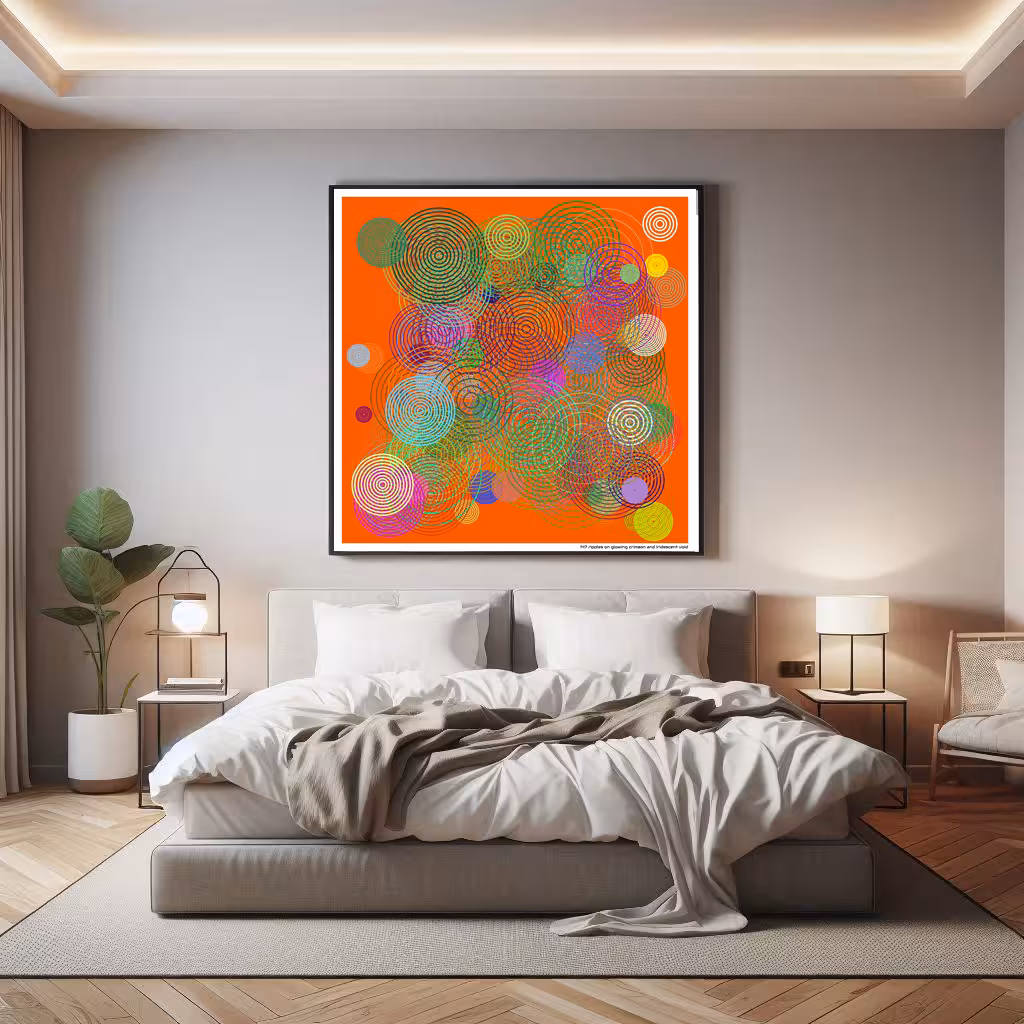 147 ripples on glowing crimson and iridescent void in room setting