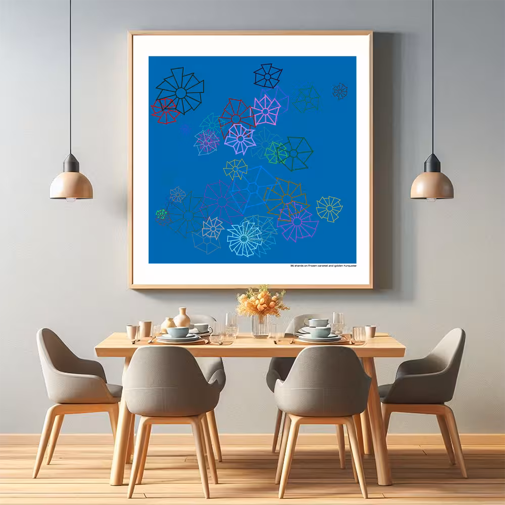 36 shards on frozen caramel and golden turquoise in room setting